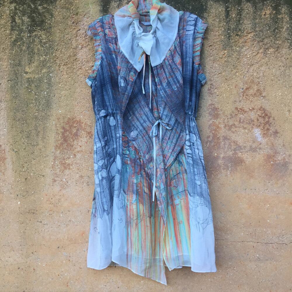 Light Blue Multicolor Pleated Women's Dress with Tie Details